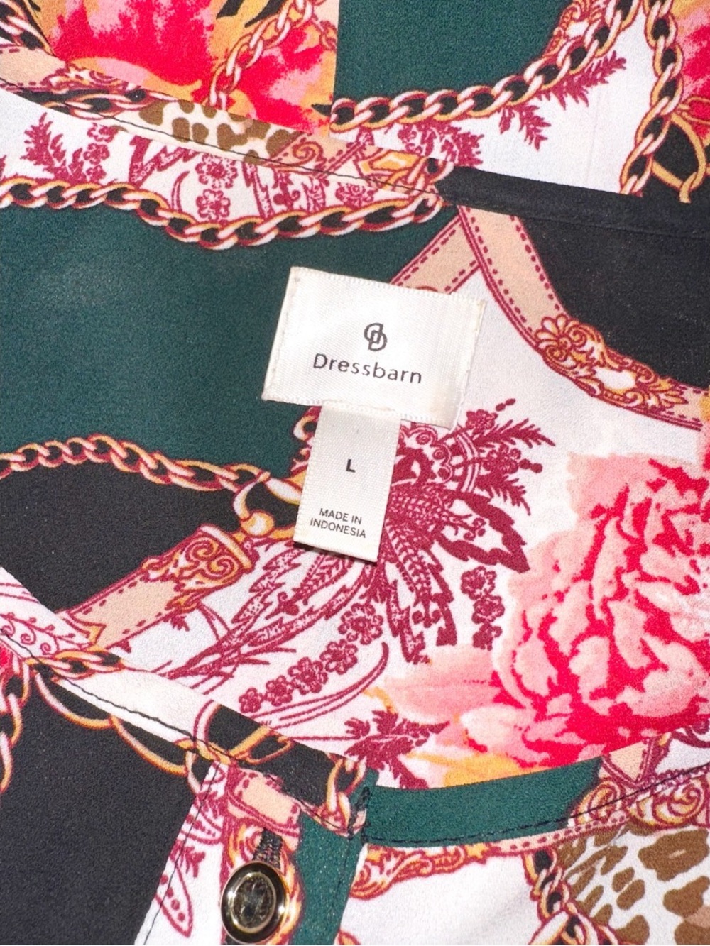 Dressbarn bold floral, chain, and animal-print tunic blouse, size Large - Picture 7 of 8